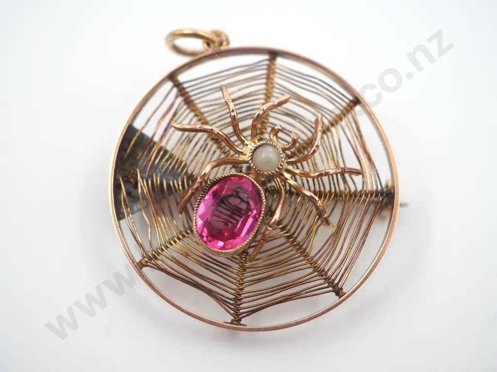 Pink Sapphire & Gold Spider Pendant/Brooch Image 1++