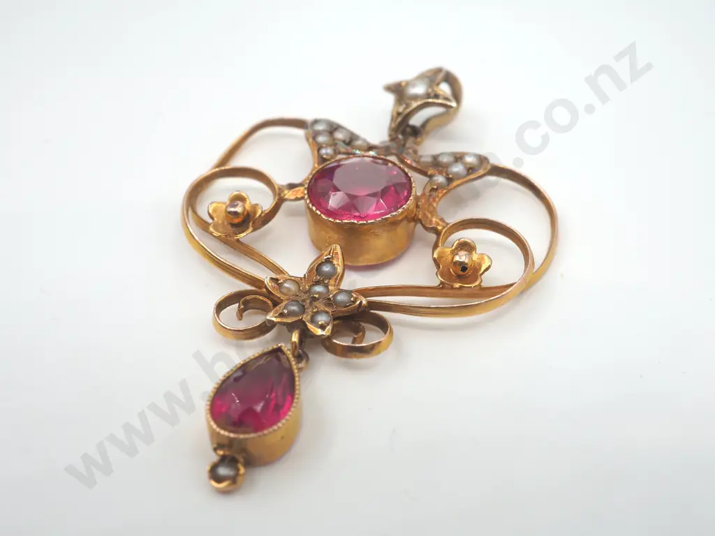 Vibrant Edwardian Seed Pearl & Pink Saphire Pendant Image 1++