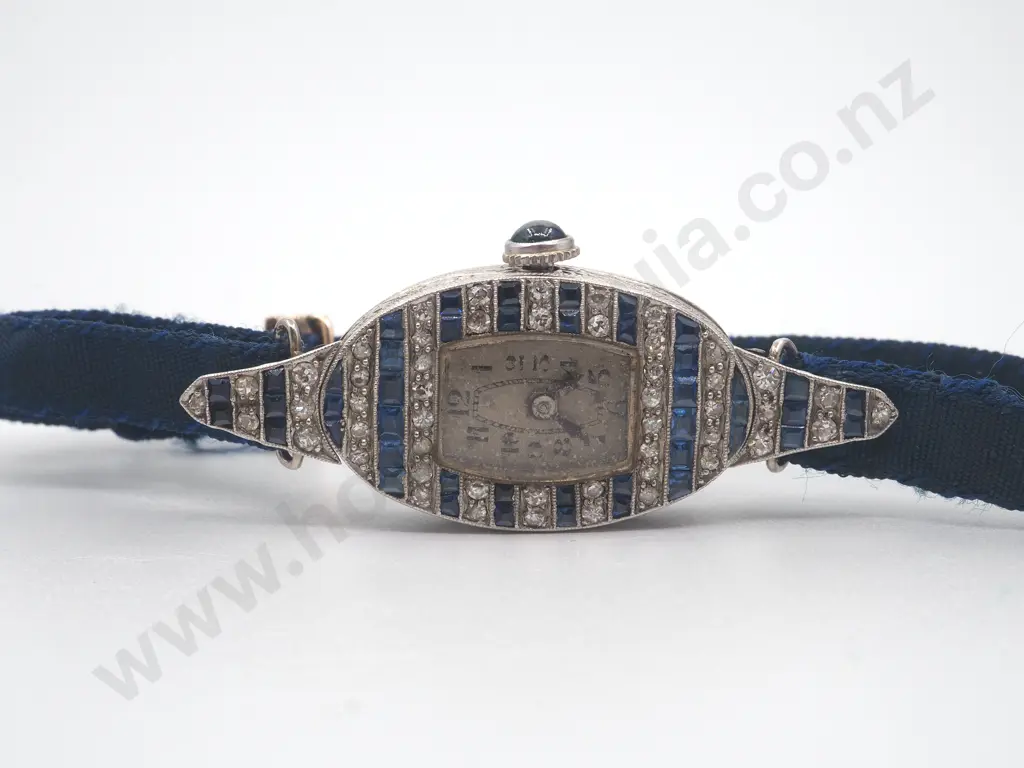 Art Deco Platinum Diamond & Sapphire Ladies Wristwatch Image 1++