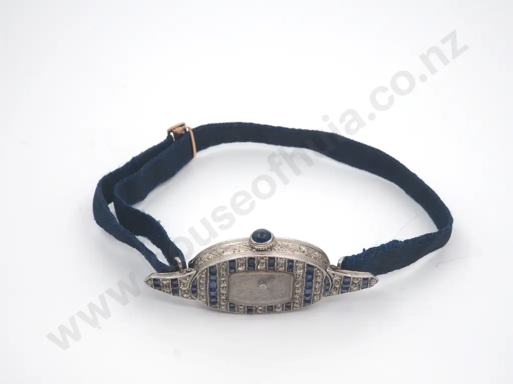 Art Deco Platinum Diamond & Sapphire Ladies Wristwatch Image 1++