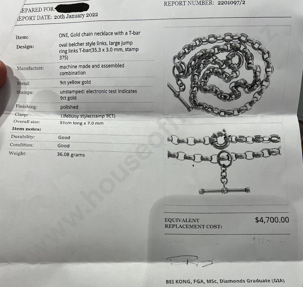 Belcher T Bar 9ct Necklace w Valuation Image 1++