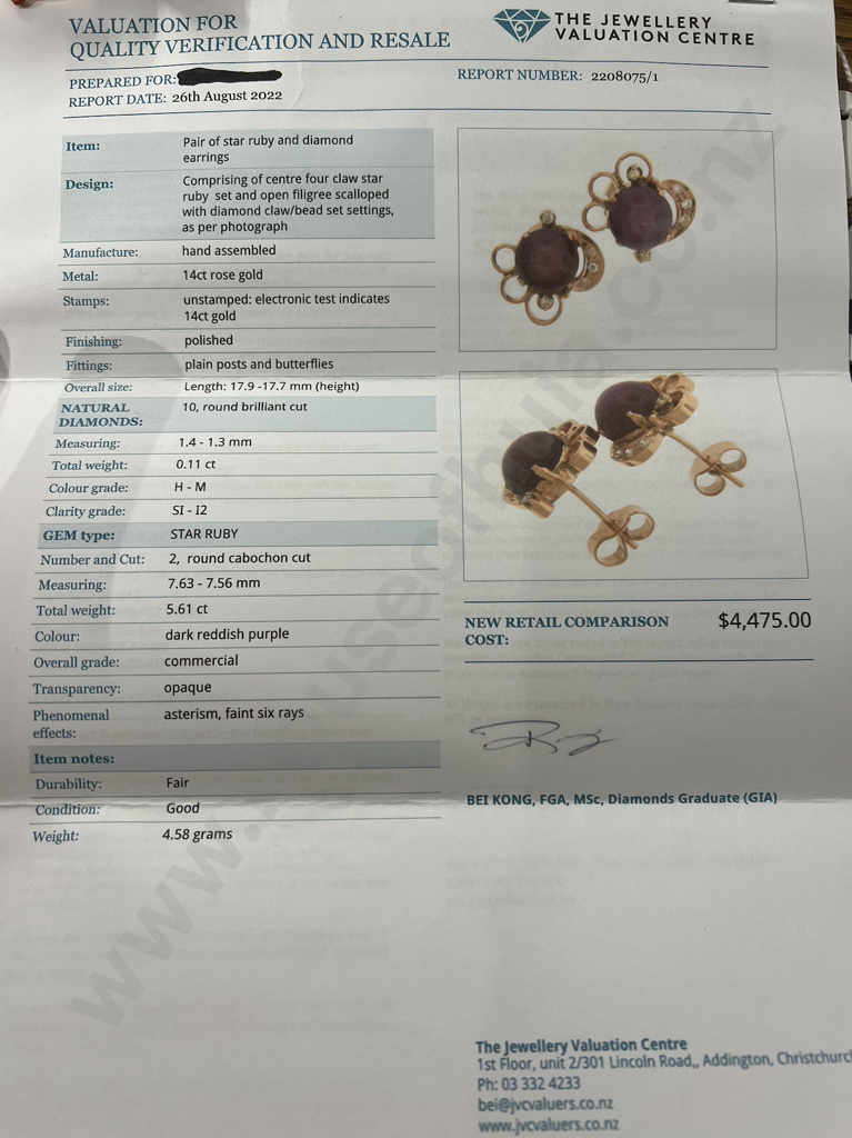 Pair of Star Ruby & Diamond 14ct Rose Gold Earrings w Valuation ($4,475.00) Image 1++
