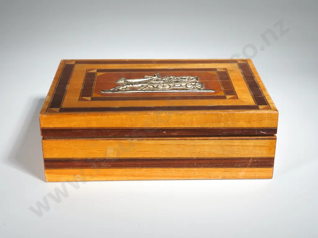 Inlaid Cigar Box w Assorted Costume Jewellery Including Two Cameos Image 1++