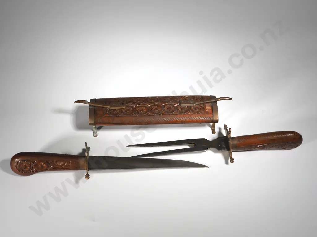 South East Asian Knife & Fork in Decorative Wood and Brass Scabbard Image 1++