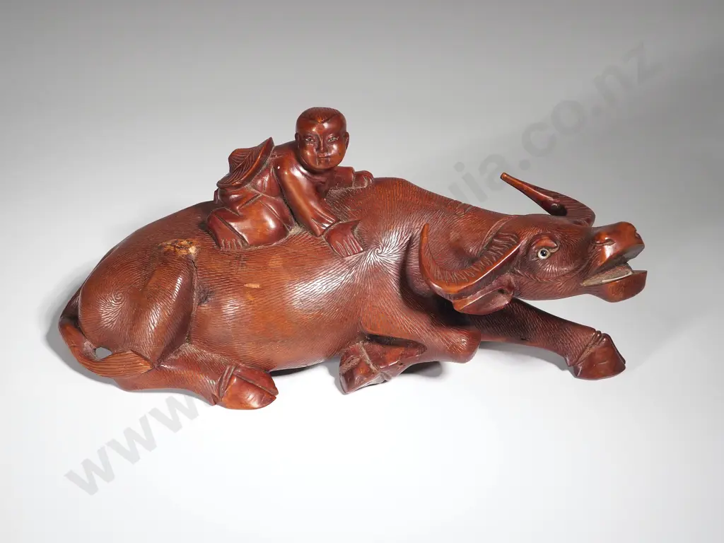 Child Astride Buffalo -  Indonesian Carved Wood w Glass Eyes Image 1++