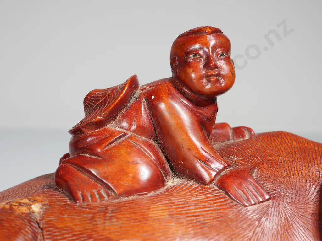 Child Astride Buffalo -  Indonesian Carved Wood w Glass Eyes Image 1++