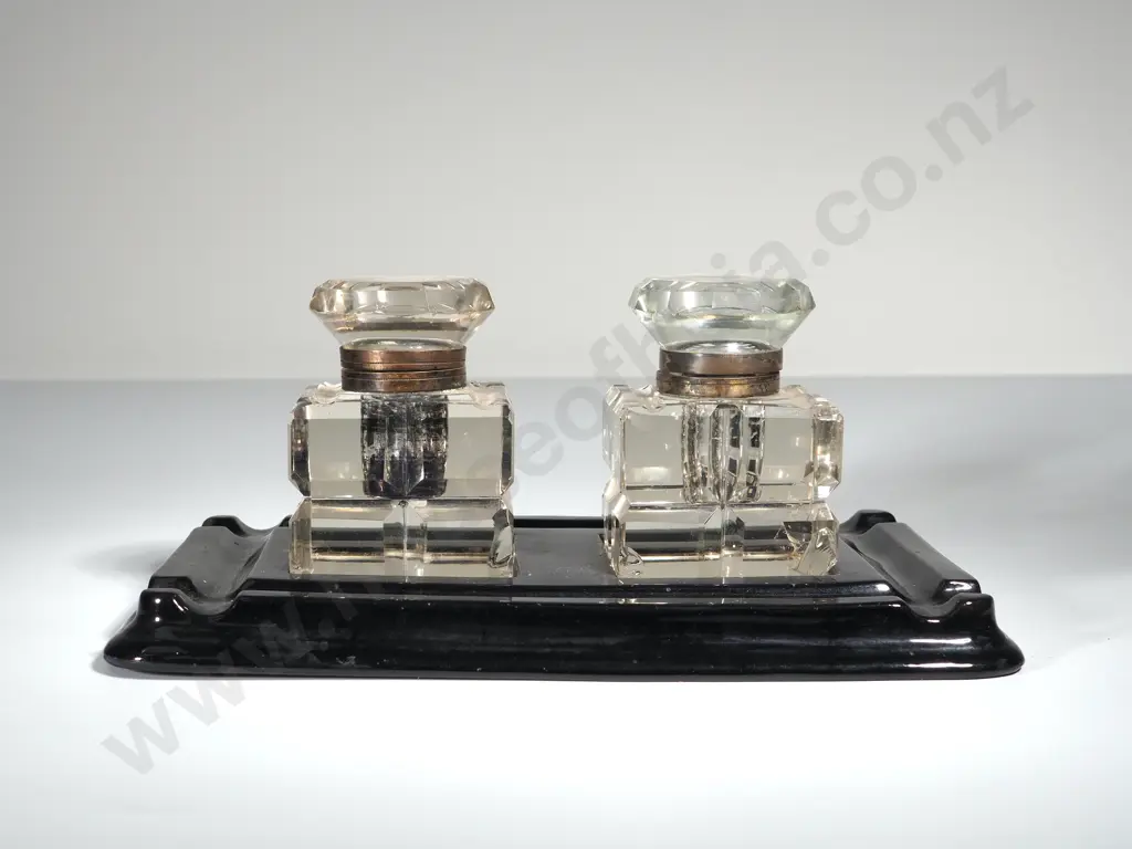 Art Deco Desk Set w Two Cut Crystal Ink Wells Image 1++