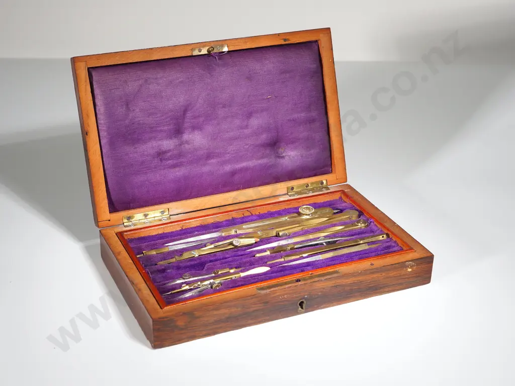 Antique Rosewood & Brass Architects Box w Most Instruments Present Image 1++