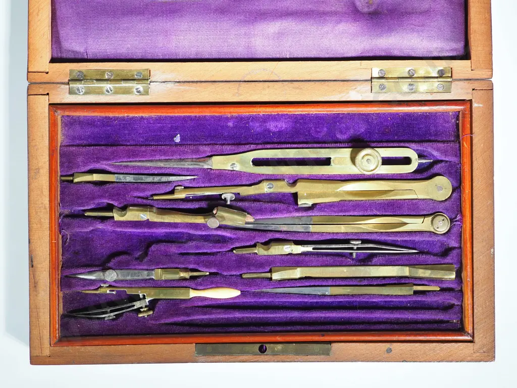 Antique Rosewood & Brass Architects Box w Most Instruments Present Image 1++