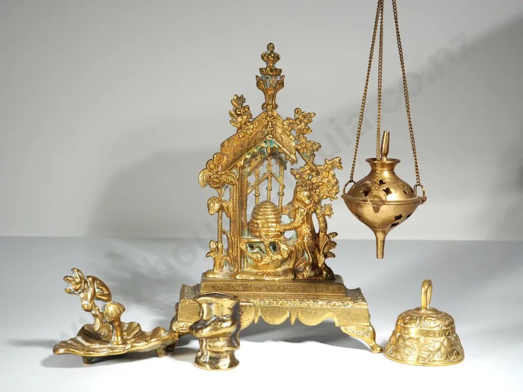 Lot of Five Assorted Brass Items including Bells, Toby Jug, Bookend. Image 1++