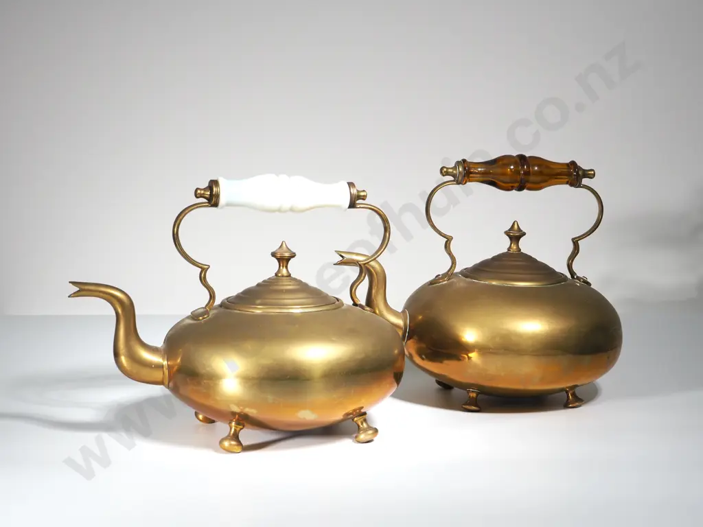 Pair of Glass Handled Brass Footed Kettles Image 1++
