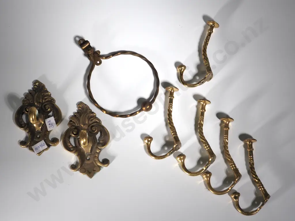 Brass Coat Hooks, Curtain Rail Mounts x 2,  Towel Holder, & Assorted Screws Image 1++
