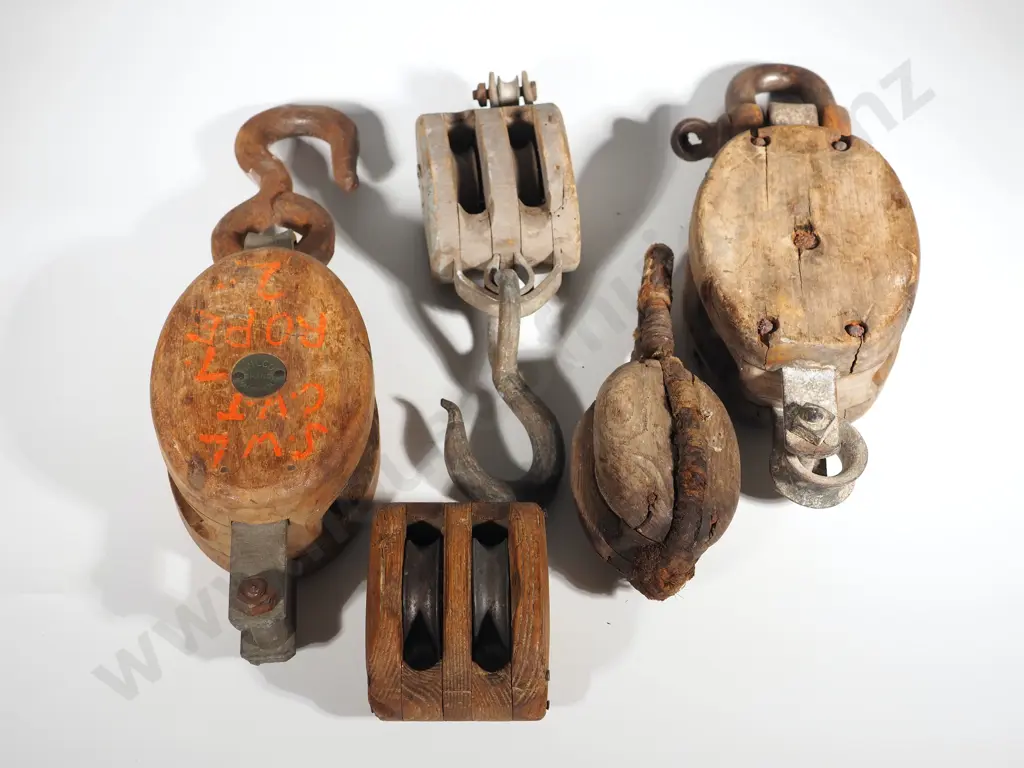 Five Vintage Sailing Rope Blocks: One NZ Made Image 1++