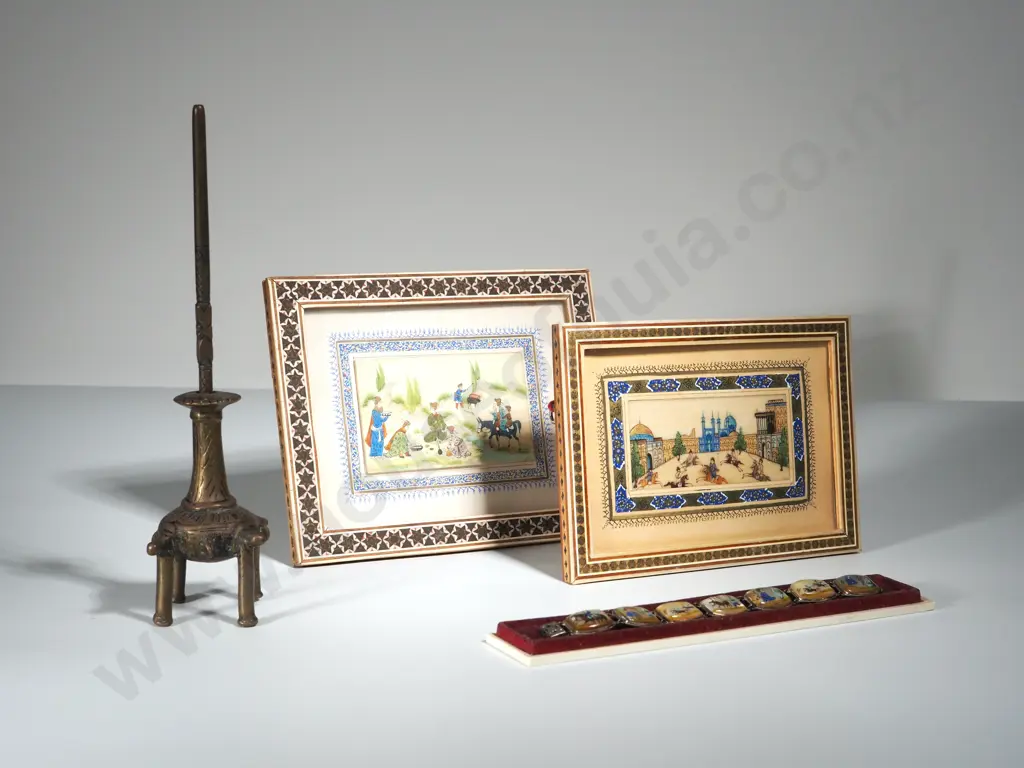 Lot of 2 Persian Pictures with inlaid Frames, Bracelet w Miniatures & Incense Brass Image 1++