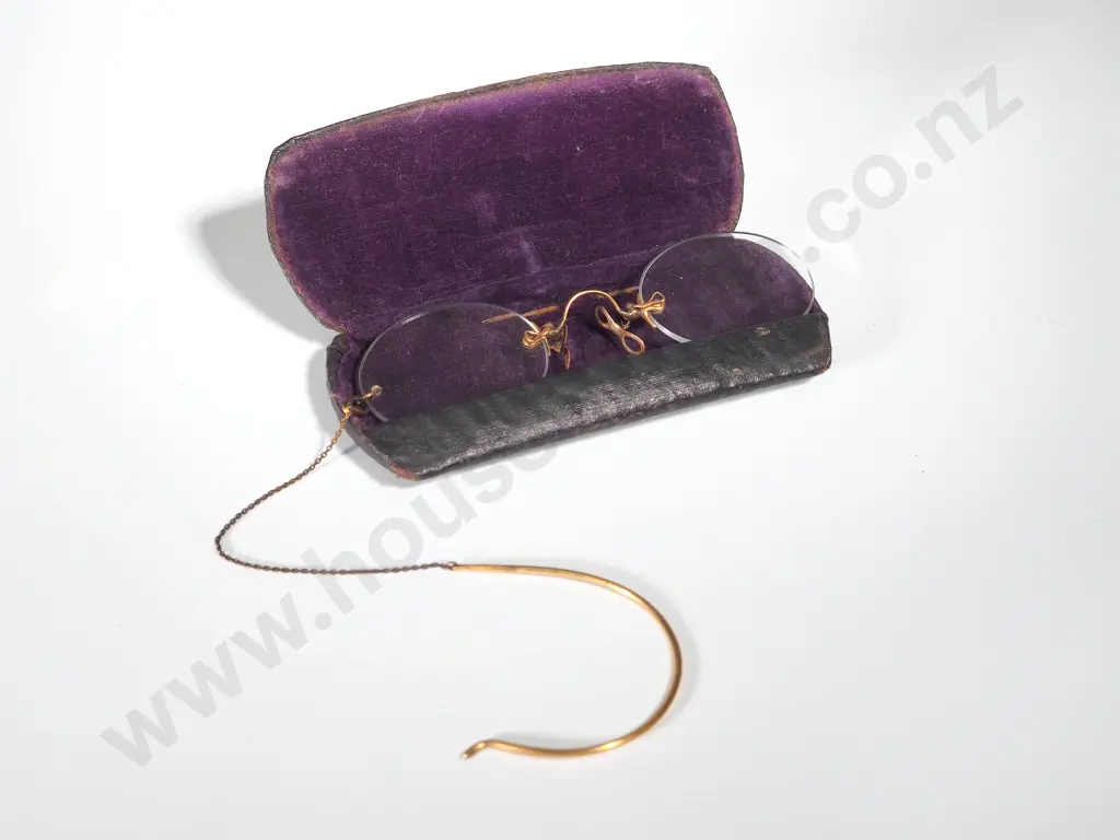 Antique Pince-nez Glasses in  Case w Gold Fittings (Untested) Image 1++
