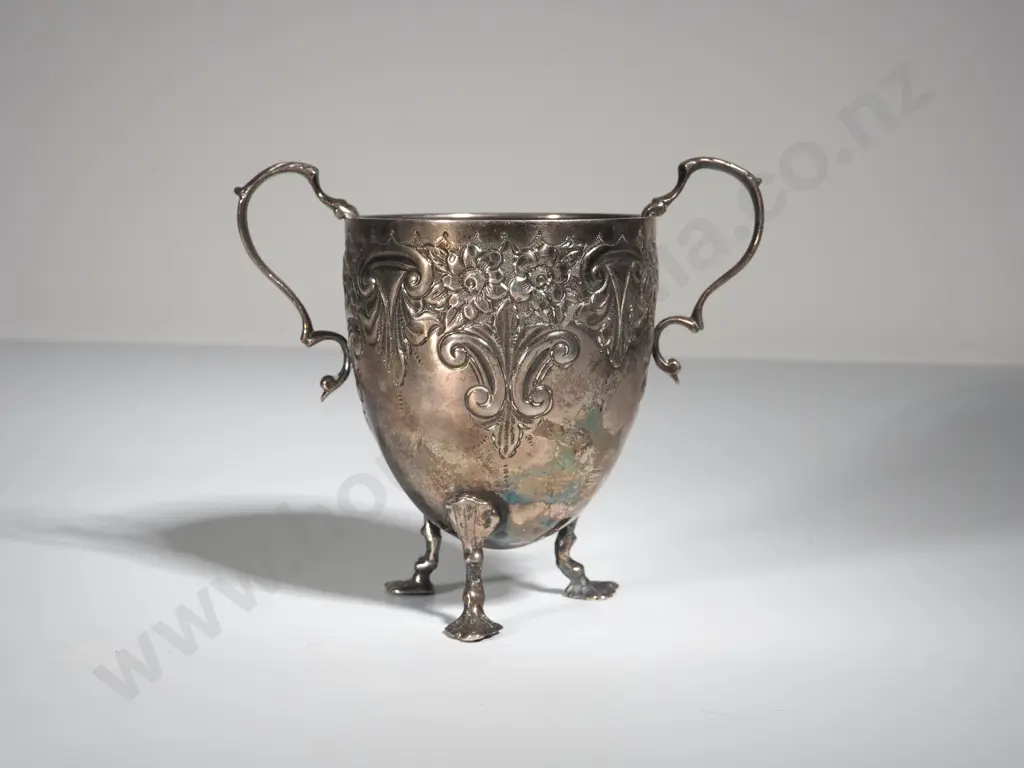 Antique Sterling Silver Decoratively Engraved Footed Double Handled Cup Image 1++