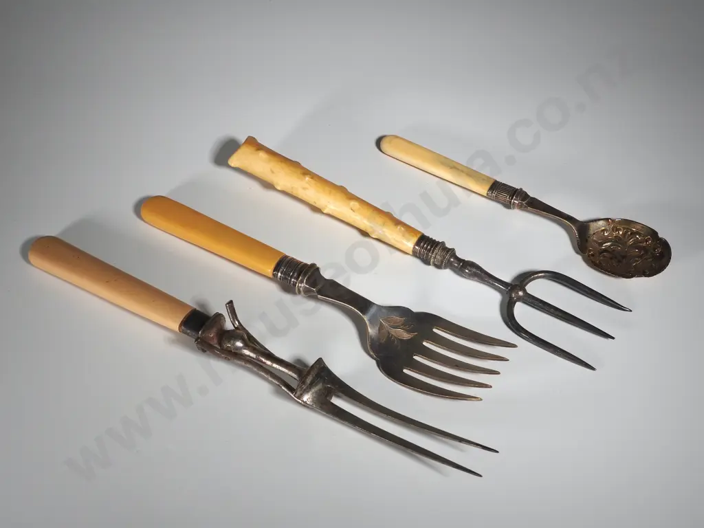 Collection of Decorative Silver Plate Bone Handled Serving Ware Image 1++