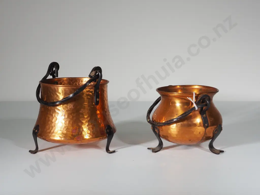 Pair of Beaten Copper Footed Cauldrons Image 1++