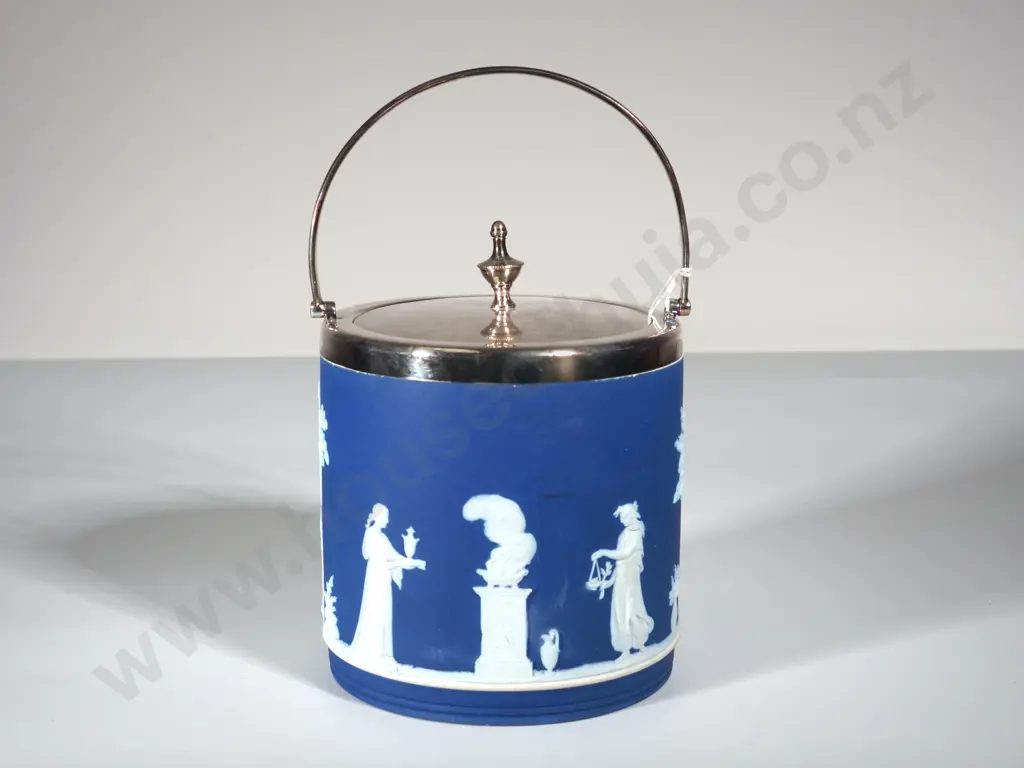 Wedgwood Blue Jasperware Antique Biscuit Barrel Image 1++