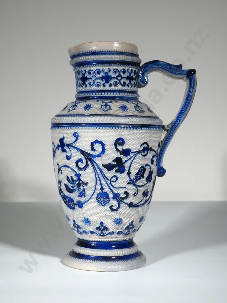 German Blue & White Textured Stoneware Jug Image 1++