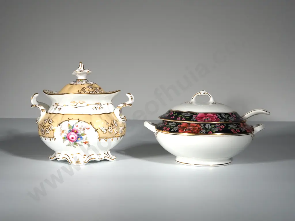Two Decorative Lidded Tureens Floral Motifs w Extensive Gilding: One w Original Spoon. Image 1++