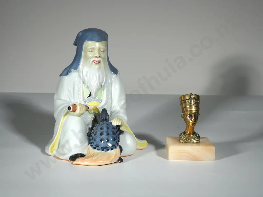 Oriental Figurine & Egyptian Bust of Nefertiti on Marble Plinth Image 1++