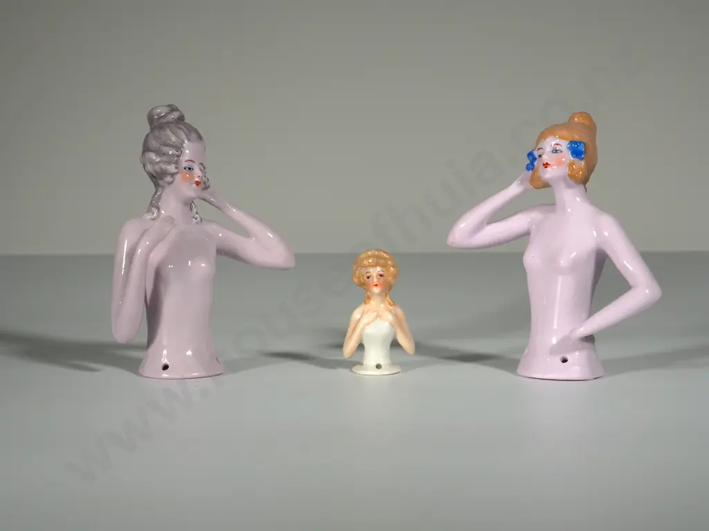 Three Antique Porcelain Pin Cushion Half Dolls: Two are Flappers in Mauve Image 1++