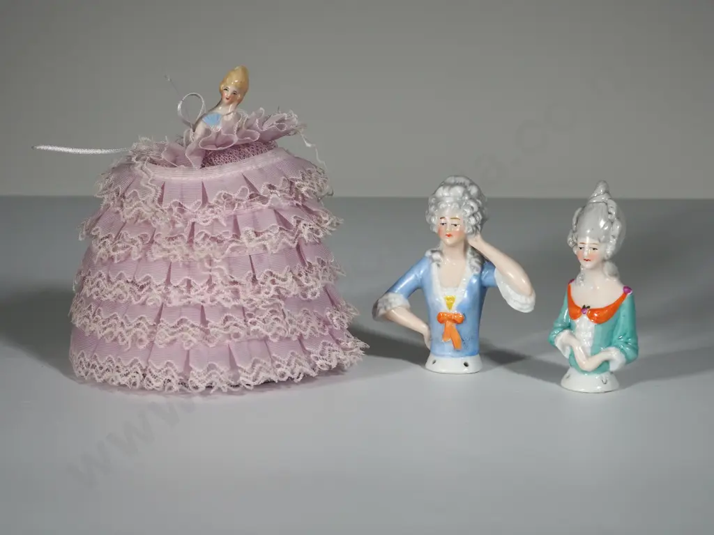 Three Antique Porcelain Pin Cushion Half Dolls Image 1++