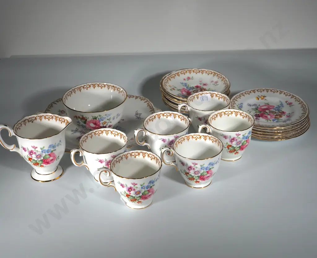 Staffordshire Englands Bouquet China Tea Set Trios, Serving Plate, Milk Jug, & Sugar Bowl Image 1++