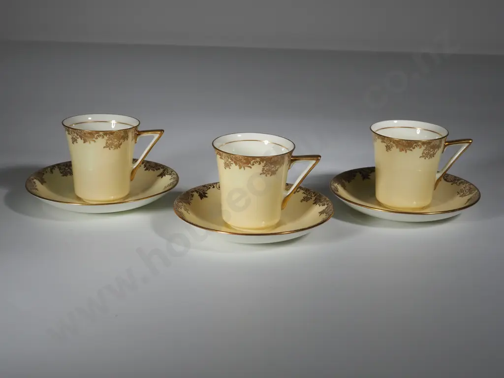 Three Antique Royal Doulton Gilded Demi-tasse Cups & Saucers Image 1++