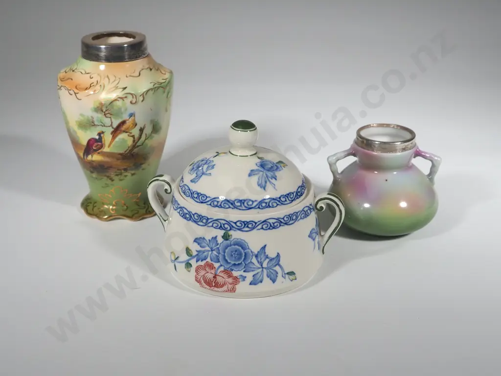 Two Silver Topped & One Lidded Hand Painted Vases Image 1++