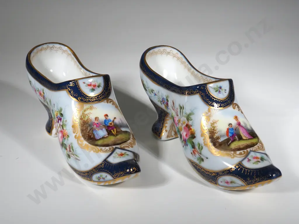 Pair of Vintage Limoges Style Miniature Porcelain Hand Painted 18th Century Dancing Shoes Image 1++
