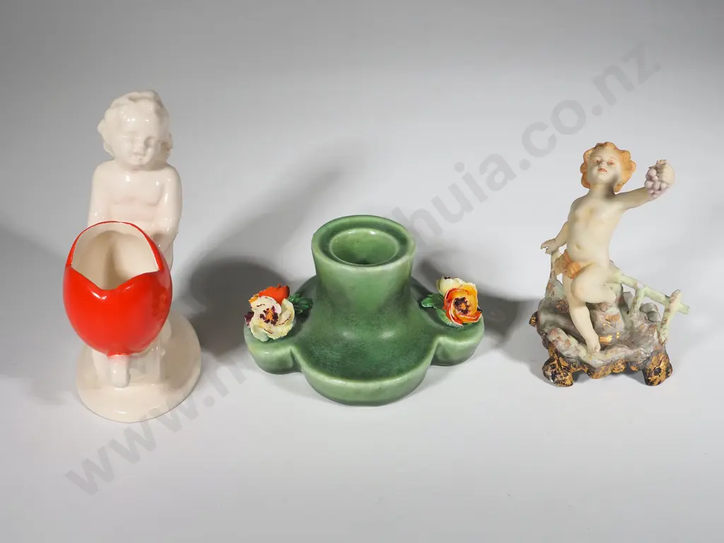 Two China Cherub Figurines (One A/F) & Candle Holder Image 1++