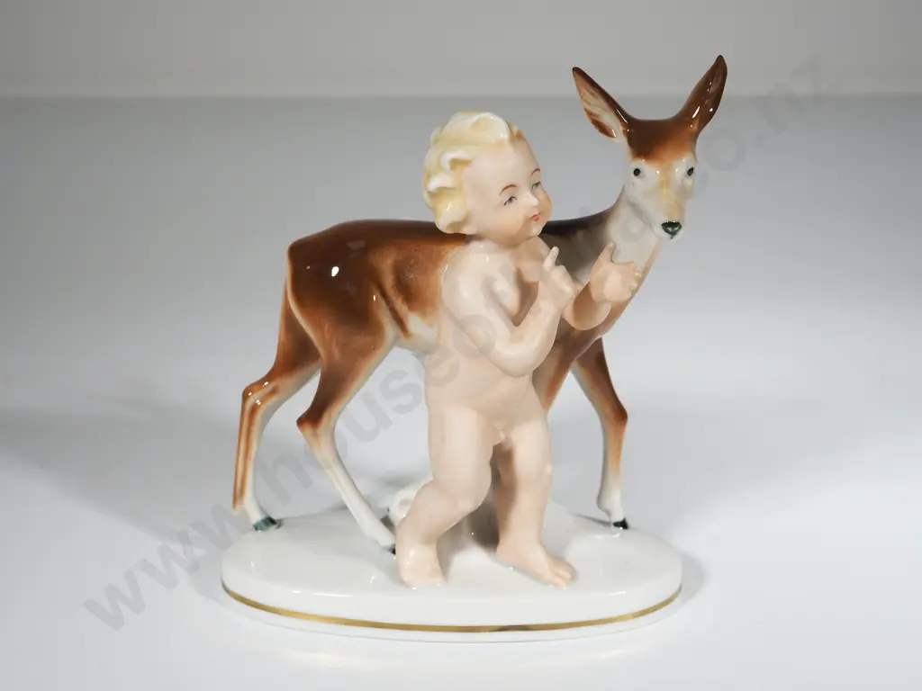 Cherub w Deer Figurine - German Fine Porcelain, Bisque & Glazed Finish Image 1++