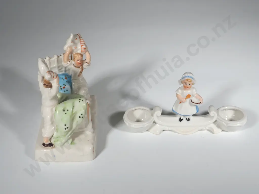Tow Porcelain Figurines: Rare German 'Fairing Figurine - 'Girl w Basin' & Figurine of Children having a Pillow Fight Image 1++