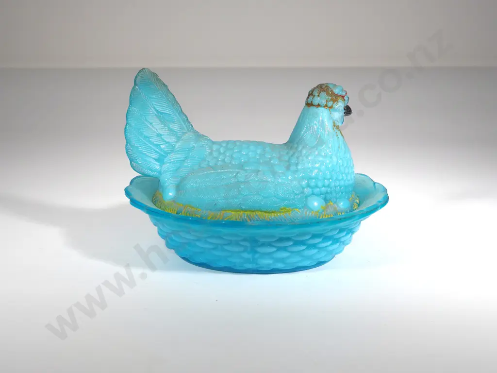 Turquoise  Hand Painted Milk Glass Chicken Dish w Paint Loss Image 1++