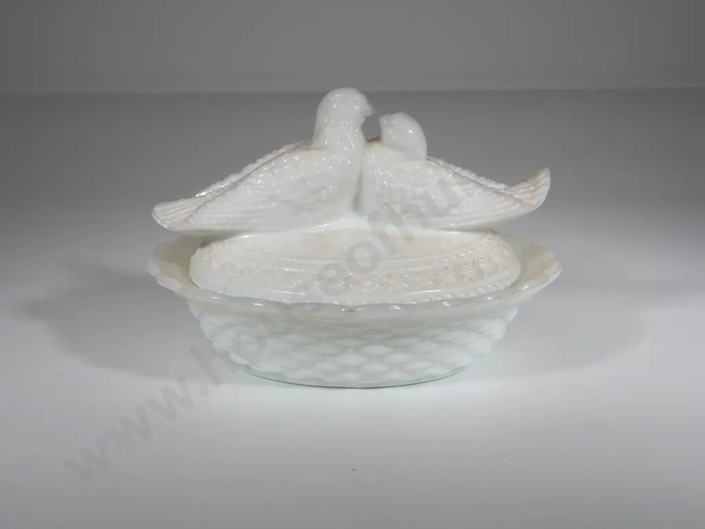 Pair of Milk Glass Love Birds in Nesting Bowl Image 1++