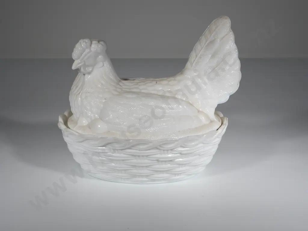 Large Milk Glass Hen Nesting in Basket Vase Image 1++