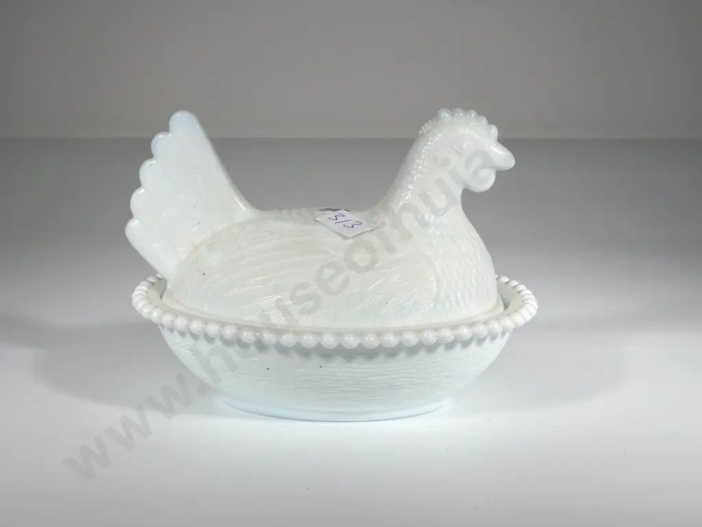 Milk Glass Hen Nesting in a Basket Image 1++
