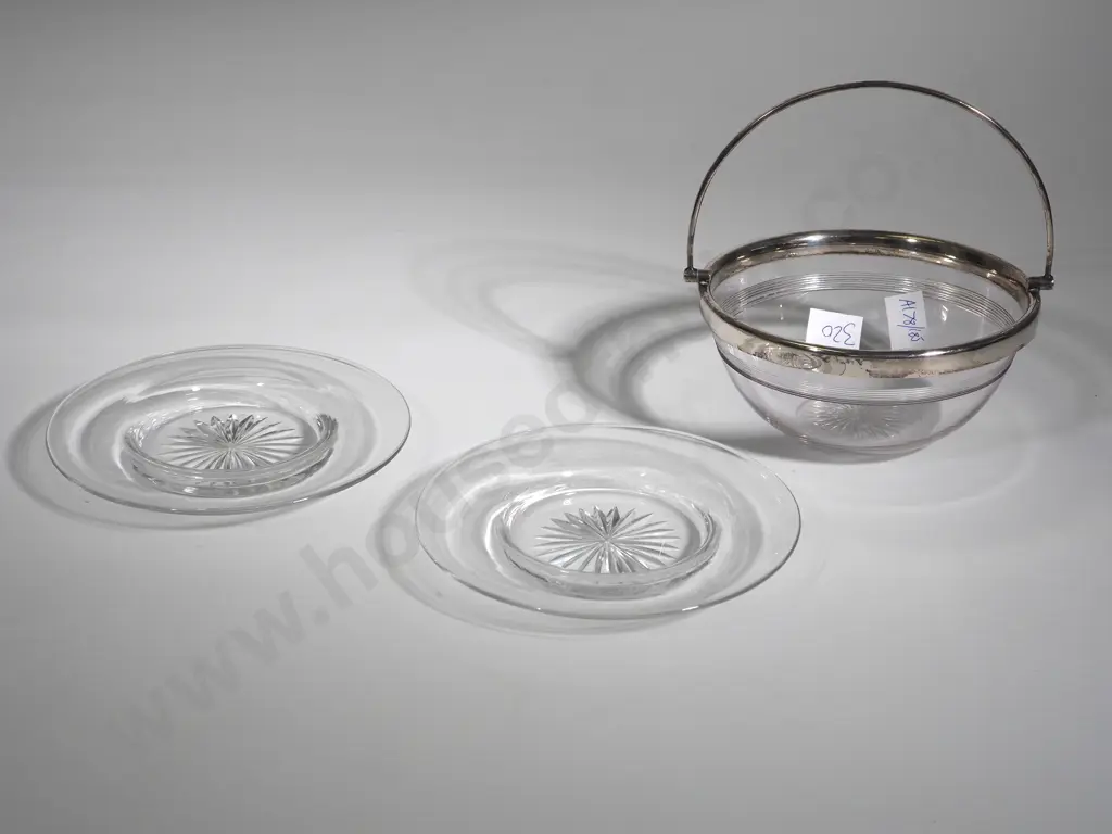 Starburst Cut Glass Metal Trimmed Bowl w Handle & Two Starburst Plates Image 1++