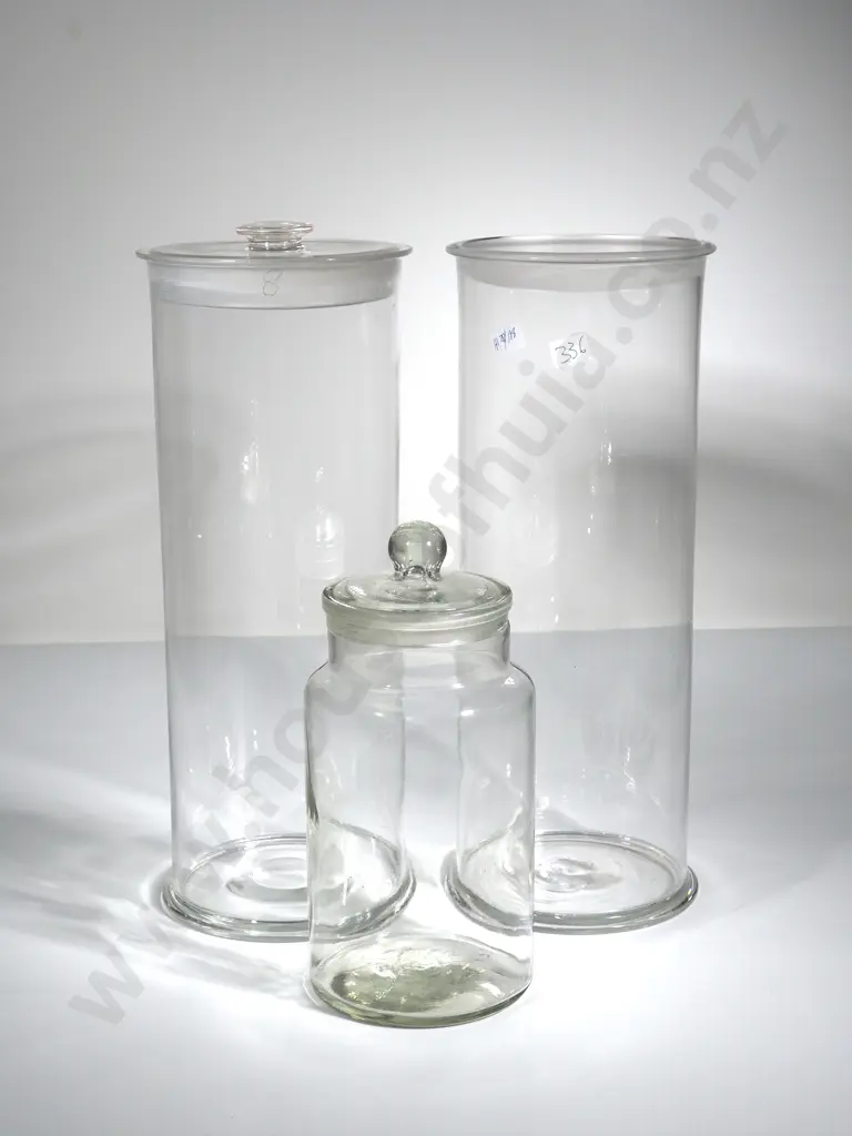 Two Large Glass Jars One Lidded & Smaller Lidded Jar Image 1++