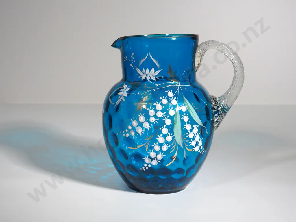 Heavy Turquoise Dimple Glass Water Jug w Hand Painted Gilded Lily of the Valley Decoration Image 1++