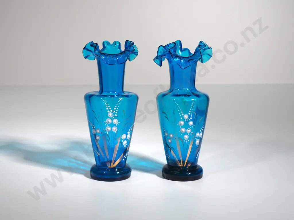 Venetian Pair of Fancy Turquoise Glass Bud Vases w Gilded Lily of the Valley Decoration Image 1++
