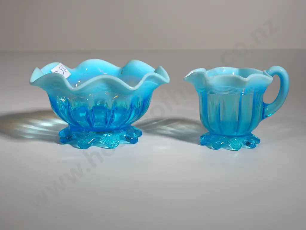 Fancy Turquoise & Sky Blue Glass Sugar Bowl & Cream Jug  Image 1++