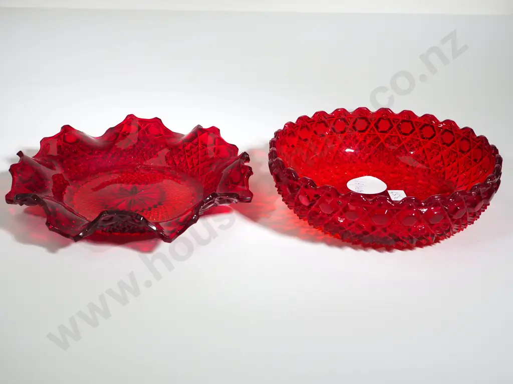 Pair of Ruby Red Moulded Glass Plate & Bowl. Image 1++