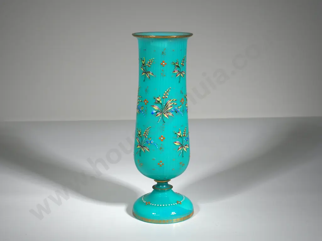 Tall Turquoise Pedestal Vase Hand Painted Raised Floral Decoration & Accents Image 1++
