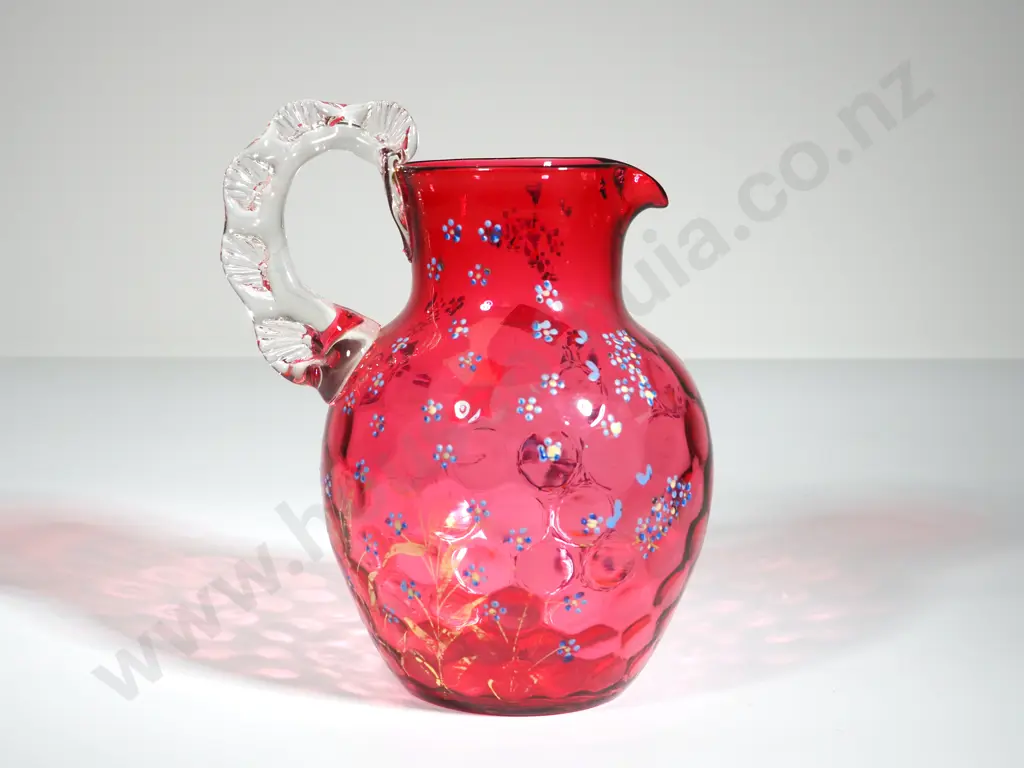 Vintage Ruby Red Water Jug w Hand Painted Decoration Image 1++