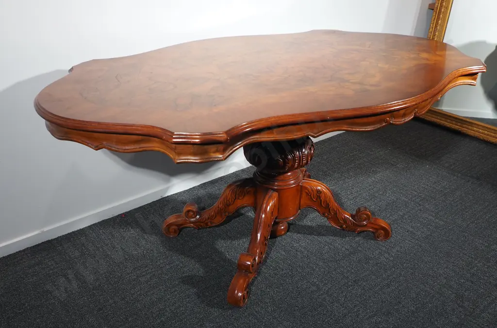 Decorative Marquetry Dining Table on Ornately Carved Pedestal Base Image 1++