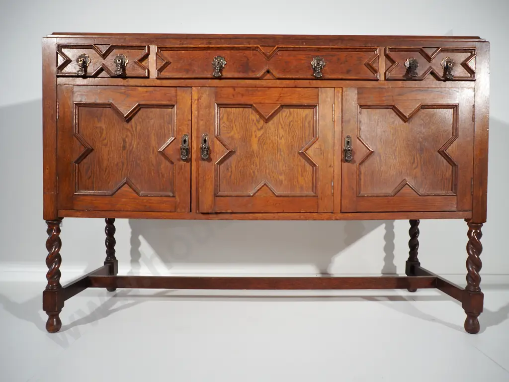 1920s Jacobean Style Oak SideBoard w Barley Twist Legs Image 1++