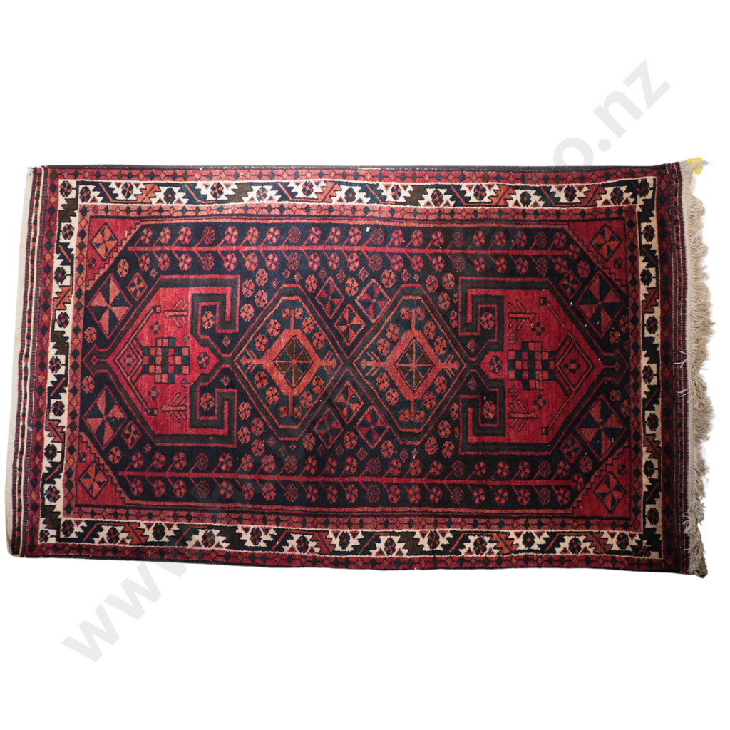 Large Handknotted Persian Rug 2300 by 1370mm: Midnight Blue, Rich Claret & Muddy Green Tones w Cream Accents Image 1++
